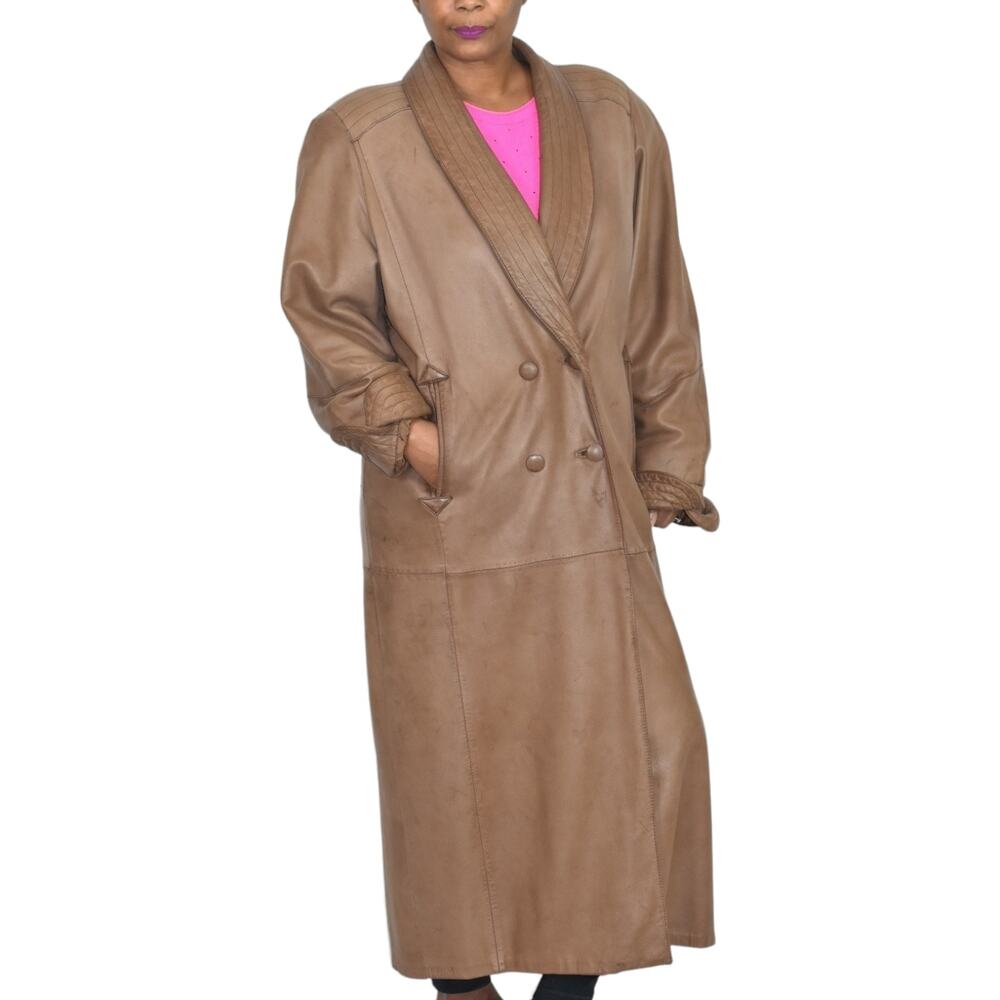 Vintage Friitala Finland Leather Coat Brown Lambskin Trench Long Maxi Size 10